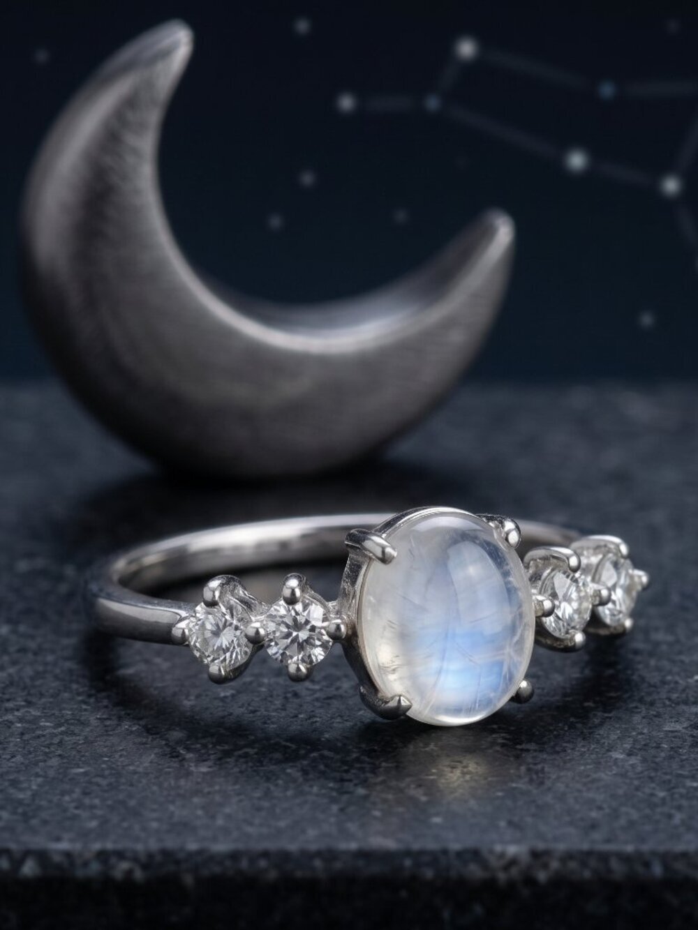 925 Sterling Silver Genuine Moonstone Oval Cabochon Ring Celestial Size 7